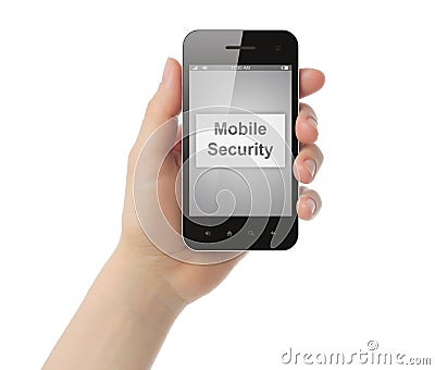 Hand holds smart phone with mobile security button Stock Photo