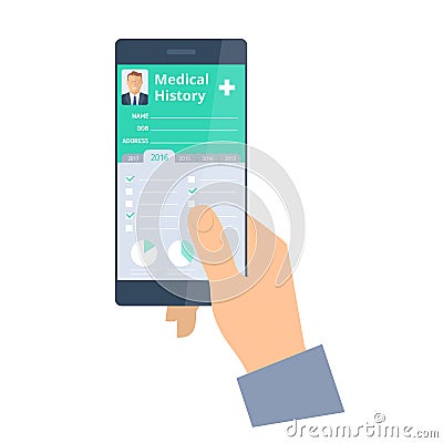 Hand holds a smart phone with Patient Health medical history. Vector Illustration