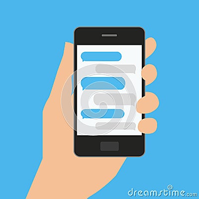 Hand holds smartphone with messaging sms app. Vector Vector Illustration