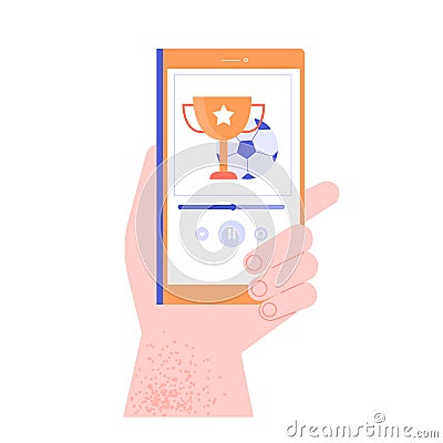 Hand holds a smartphone. Sports broadcast online. Vector Illustration