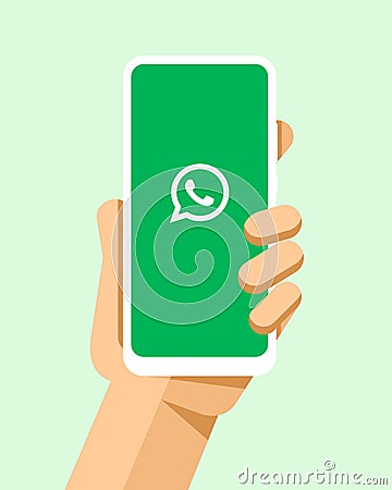 Hand holds the smartphone with WhatsApp application on the screen. Flat vector modern phone mock-up illustration Vector Illustration