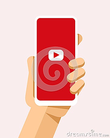 Hand holds the smartphone with YouTube application on the screen. Flat vector modern phone mock-up illustration Vector Illustration