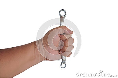 Hand holds a spanners isolated on white background.clipping Stock Photo
