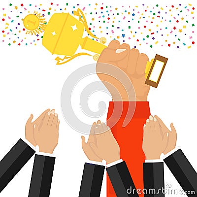 A hand holds a sports cup. Applause for the winner of sports competitions. Cartoon Illustration