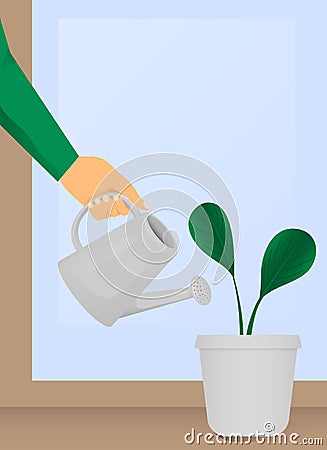 A hand holds a watering can and watered a flower. Vector Illustration