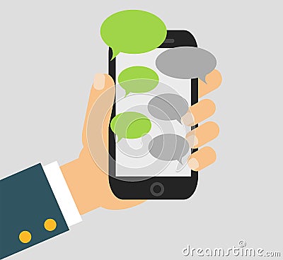 Hand holing black smartphone similar to iphon with blank speech bubbles for text. Text messaging flat design concept Vector Illustration