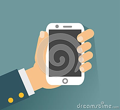 Hand holing white smartphone, touching blank screen. Using mobile smart phone similar to iphon, flat design concept Vector Illustration