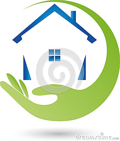 Hand and house, real estate agent logo Stock Photo