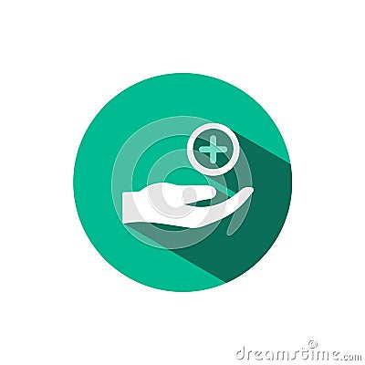 Hand icon and pharmacy cross with shadow on a green circle. Vector pharmacy illustration Vector Illustration