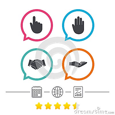 Hand icons. Handshake and click here symbols. Vector Illustration