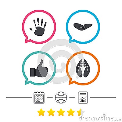 Hand icons. Like thumb up and insurance symbols. Vector Illustration