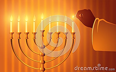 Hand igniting candles on the menorah Vector Illustration
