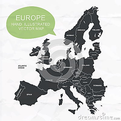 Hand illustrated vector map of Europe. Vector Illustration