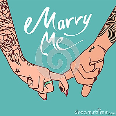 Hand image with tattoos of a young couple clasped with index fingers with the words ` Marry me` Vector Illustration