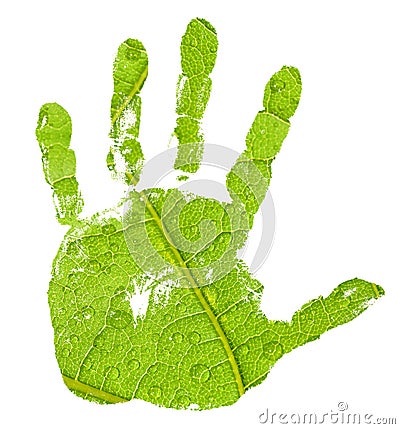 Hand imprint on green leaf background Stock Photo