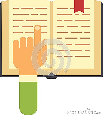 Hand with index finger extended points to an open book with a red bookmark, illustrating the concepts of reading Vector Illustration