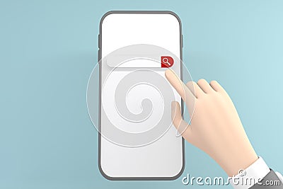 The hand that is in the index finger presses the search button on the phone screen.3d rendering Stock Photo