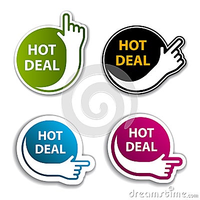 Hand indicating hot deal stickers Vector Illustration