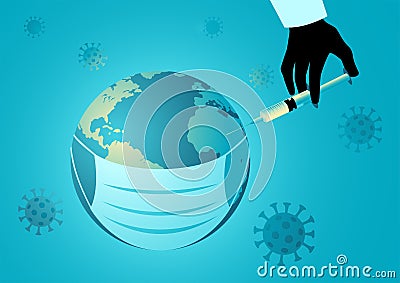 Hand inject the world with vaccine Vector Illustration