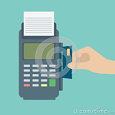 Hand inserting credit card to a POS terminal. Payment terminal . Flat design vector Vector Illustration