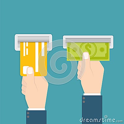 Hand inserts a credit card into ATM and Hand takes the money fro Stock Photo