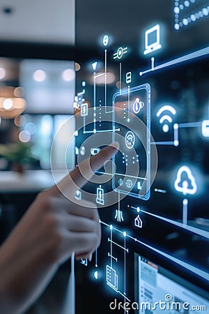 Hand interacting with a digital interface displaying connected devices, symbolizing smart home. Smart technology concept Stock Photo
