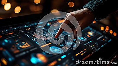 Hand interacting with futuristic touchscreen interface displaying data and analytics in a dark, technological environment Stock Photo