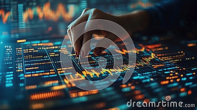 Analyzing Data: A Close-up of a Hand Interacting with a Digital Interface Displaying Complex Financial Charts and Graphs Stock Photo