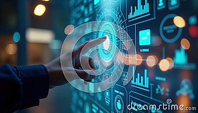 Hand interacts with futuristic digital interface. Person touches interactive display screen with glowing tech elements. Data Stock Photo