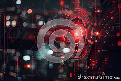 A hand interacts with a futuristic red digital interface a technological concept showing data security or biometric authentica Stock Photo