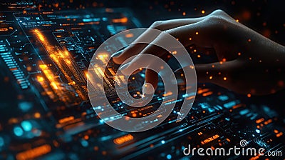 Hand interacts with glowing futuristic interface displaying tech trends, data analysis. Digital display shows dynamic graphs, Stock Photo