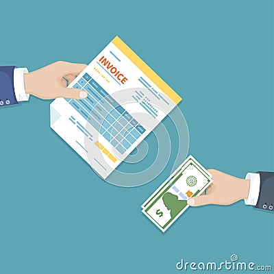 Hand with invoice and cash banknotes. Unfilled, minimalistic form of the document. Payment of bills, tax, invoicing Vector Illustration