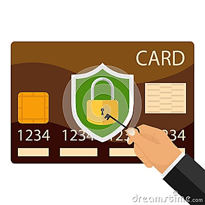 A hand with a key opens a credit card Vector Illustration