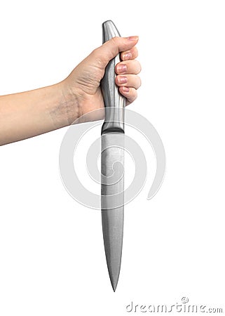 Hand and kitchen steel knive knife, isolated on a white background photo Stock Photo