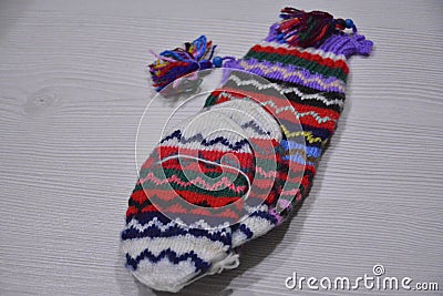 Hand knit socks keep feet warm in the cold winter. Stock Photo