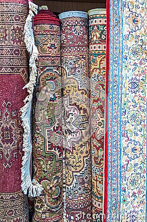 Hand knotted carpets on display for sale in Muttrah Souk, Muscat, Oman, Middle East Stock Photo