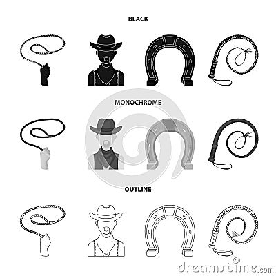 Hand lasso, cowboy, horseshoe, whip. Rodeo set collection icons in black,monochrome,outline style vector symbol stock Vector Illustration