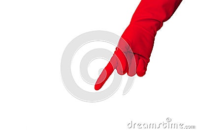 Hand in latex long glove showing something down, number one Stock Photo