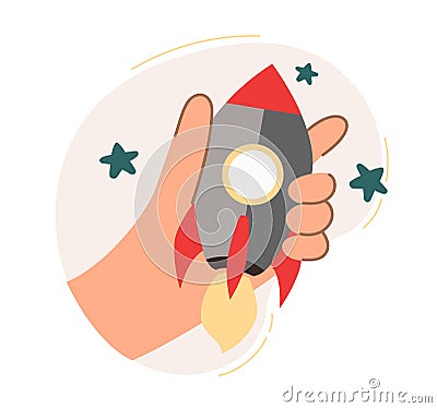 The hand launches a rocket. The concept of a business idea, startup, organization, brainstorming. Vector illustration Vector Illustration