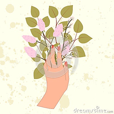 Hand with leaf branch, lilac flower and pink blossom in flat style. Vector Illustration