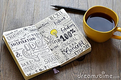 `Ideas` sketch notes in notepad Stock Photo