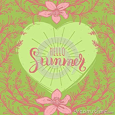 Hand lettering inspirational poster Hello Summer. Vector fun quote illustration in floral frame on green background. Vector Illustration