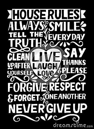 Hand lettering quote House Rules with words Live, laugh, love on black background Stock Photo