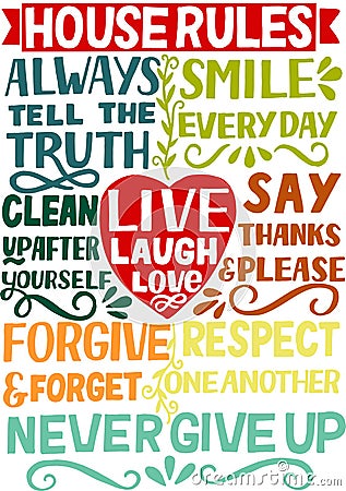 Hand lettering quote House Rules with words Live, laugh, love Stock Photo