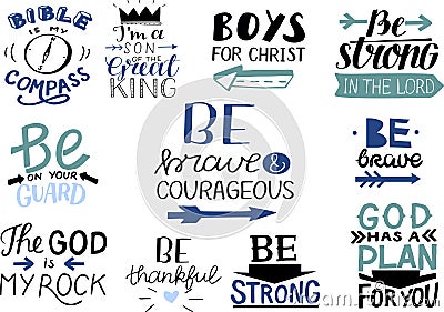 Logo set with Bible verse and Christian quotes Bible is my compass, Be brave and courageous. Vector Illustration