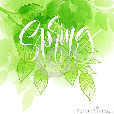 Hand lettering spring design on a green and yellow watercolor painted background with leaf. Calligraphy letters. Vector Vector Illustration