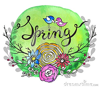 Hand lettering word Spring with floral wreath and two birds Vector Illustration