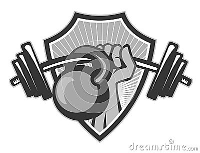 Hand Lifting Barbell Kettlebell Crest Grayscale Vector Illustration