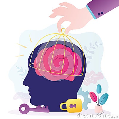 Hand lifts cage from person's head. Open your mind to new ideas and knowledge. Freeing brain from imprisonment Vector Illustration