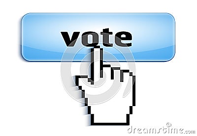 Hand link selection computer mouse cursor pressing glossy button with vote text isolated on white background Vector Illustration
